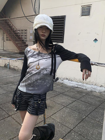 Updateang project Vintage Print Patchwork Sleeve Tee