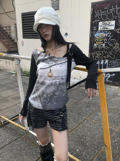 Updateang project Vintage Print Patchwork Sleeve Tee