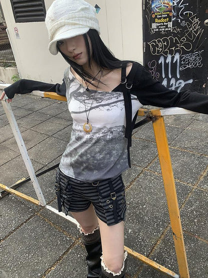 Updateang project Vintage Print Patchwork Sleeve Tee