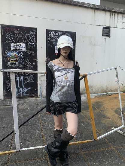 Updateang project Vintage Print Patchwork Sleeve Tee
