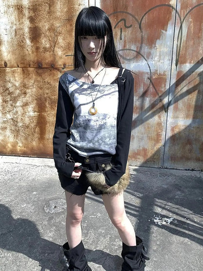 Vintage Print Patchwork Sleeve Tee