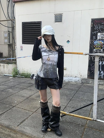 Vintage Print Patchwork Sleeve Tee