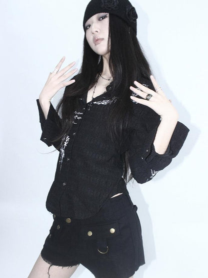 ang project Vintage Punk Print Textured Slim Fit Short Button Up Shirt