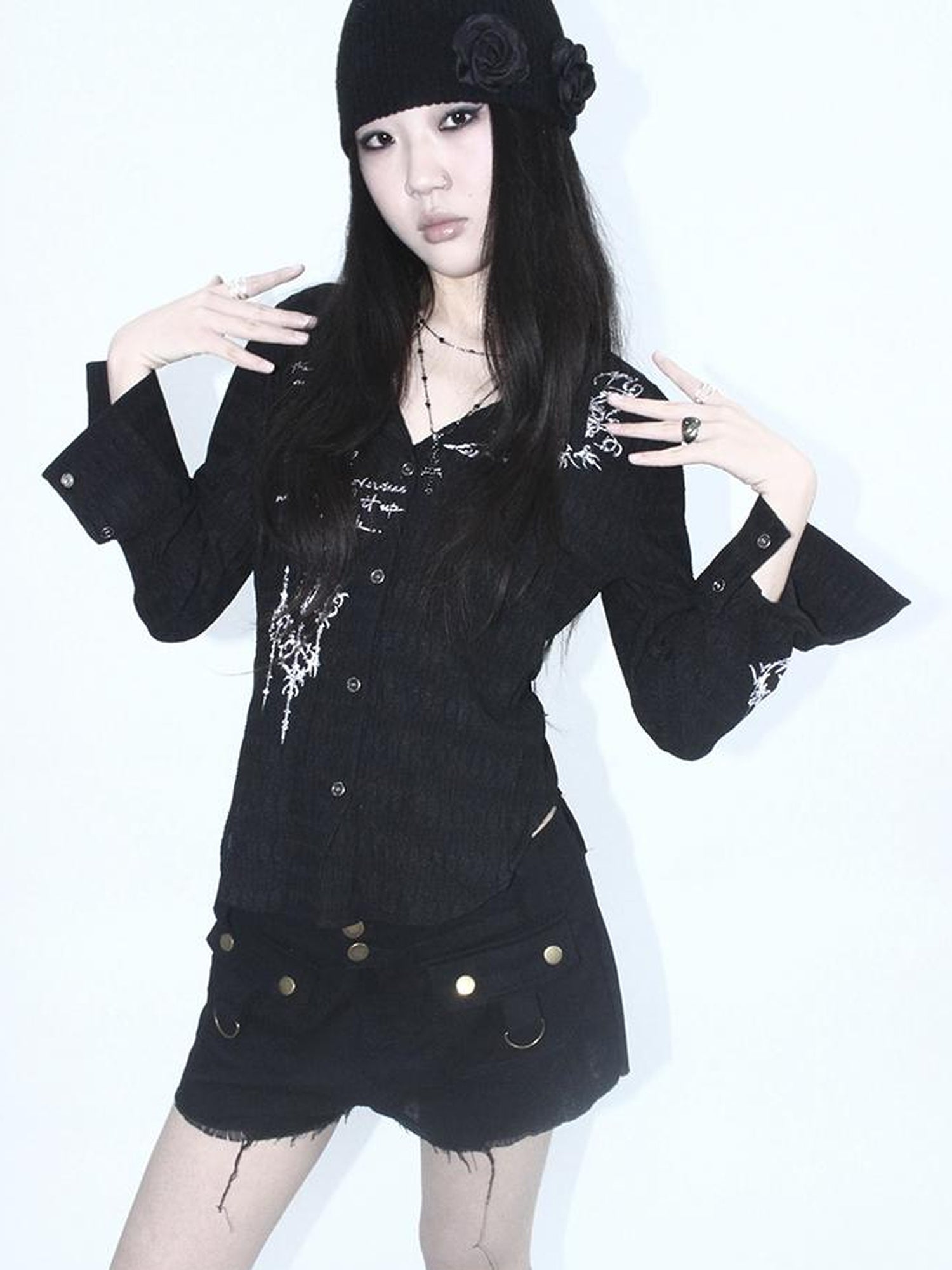 ang project Vintage Punk Print Textured Slim Fit Short Button Up Shirt