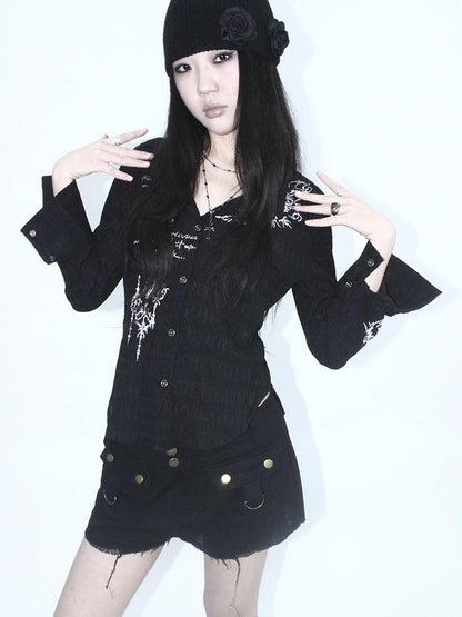 ang project Vintage Punk Print Textured Slim Fit Short Button Up Shirt