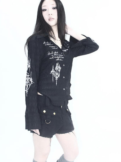 ang project Vintage Punk Print Textured Slim Fit Short Button Up Shirt