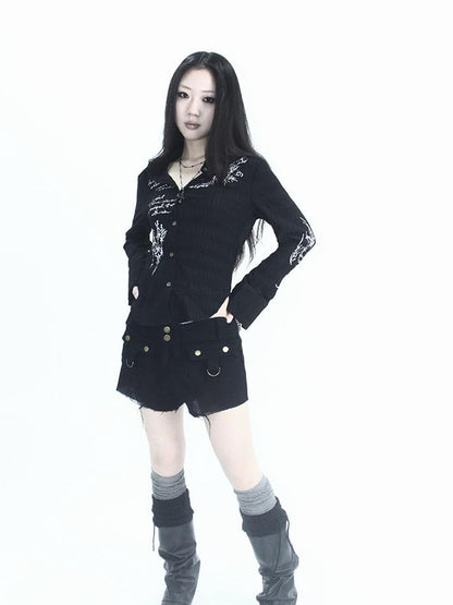 ang project Vintage Punk Print Textured Slim Fit Short Button Up Shirt