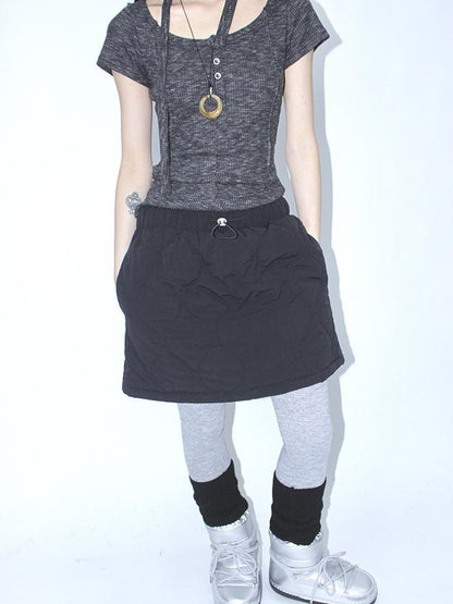 ang project Vintage Quilted A Line Mini Skirt with Elastic Waist