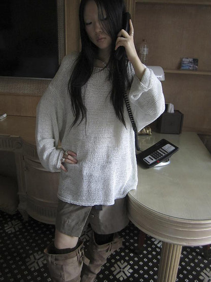 ang project Vintage Relaxed Fit Knit Long Sleeve V Neck T Shirt