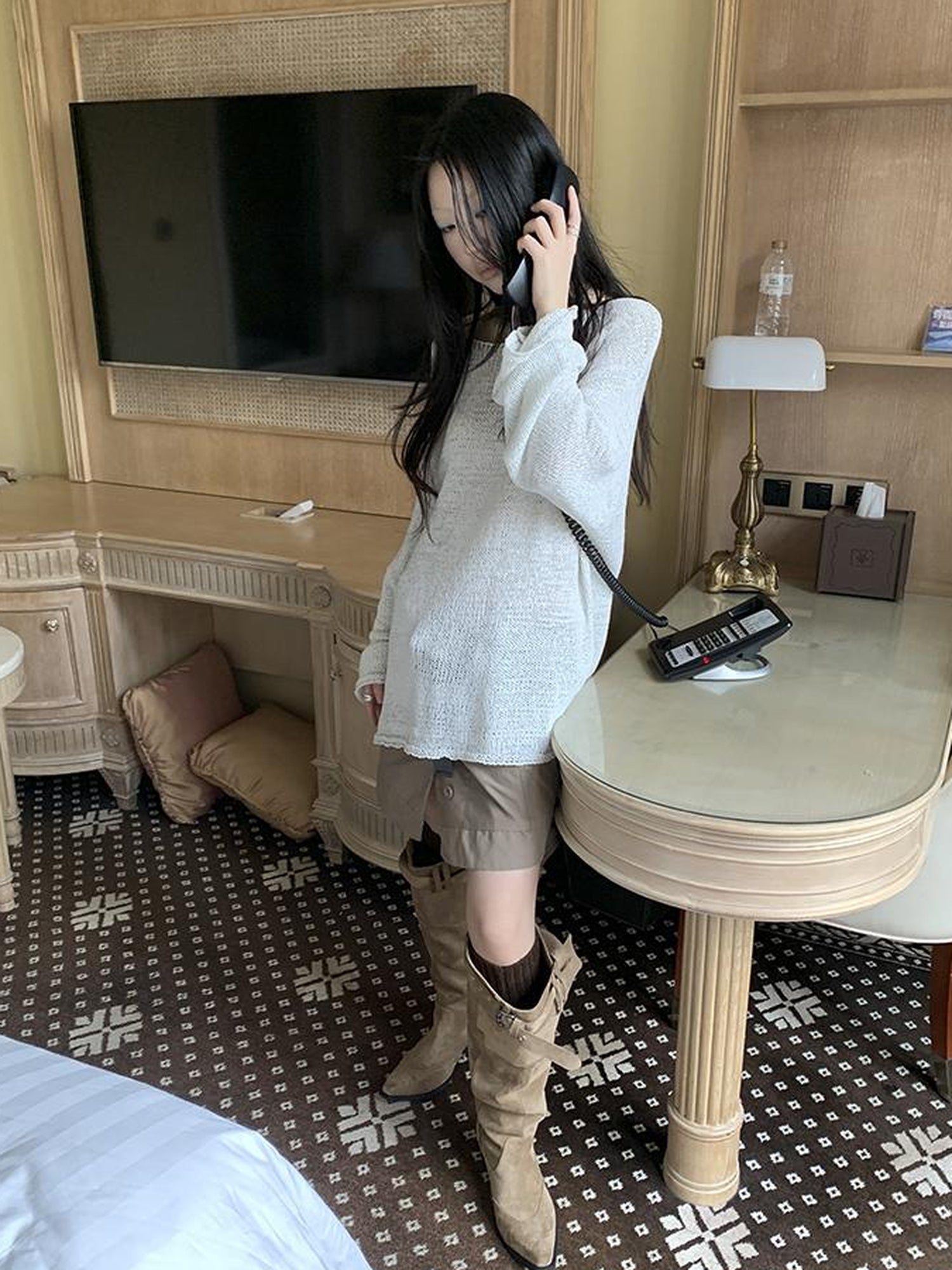ang project Vintage Relaxed Fit Knit Long Sleeve V Neck T Shirt