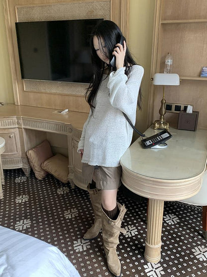 ang project Vintage Relaxed Fit Knit Long Sleeve V Neck T Shirt