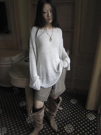 ang project Vintage Relaxed Fit Knit Long Sleeve V Neck T Shirt