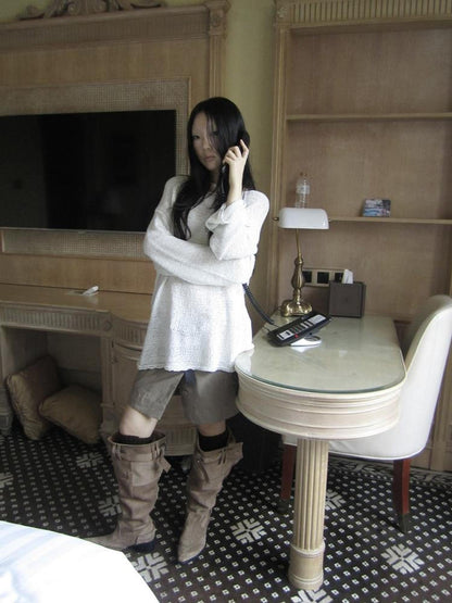 ang project Vintage Relaxed Fit Knit Long Sleeve V Neck T Shirt