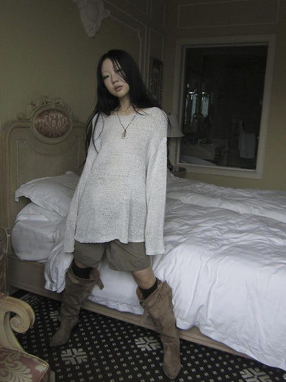 ang project Vintage Relaxed Fit Knit Long Sleeve V Neck T Shirt