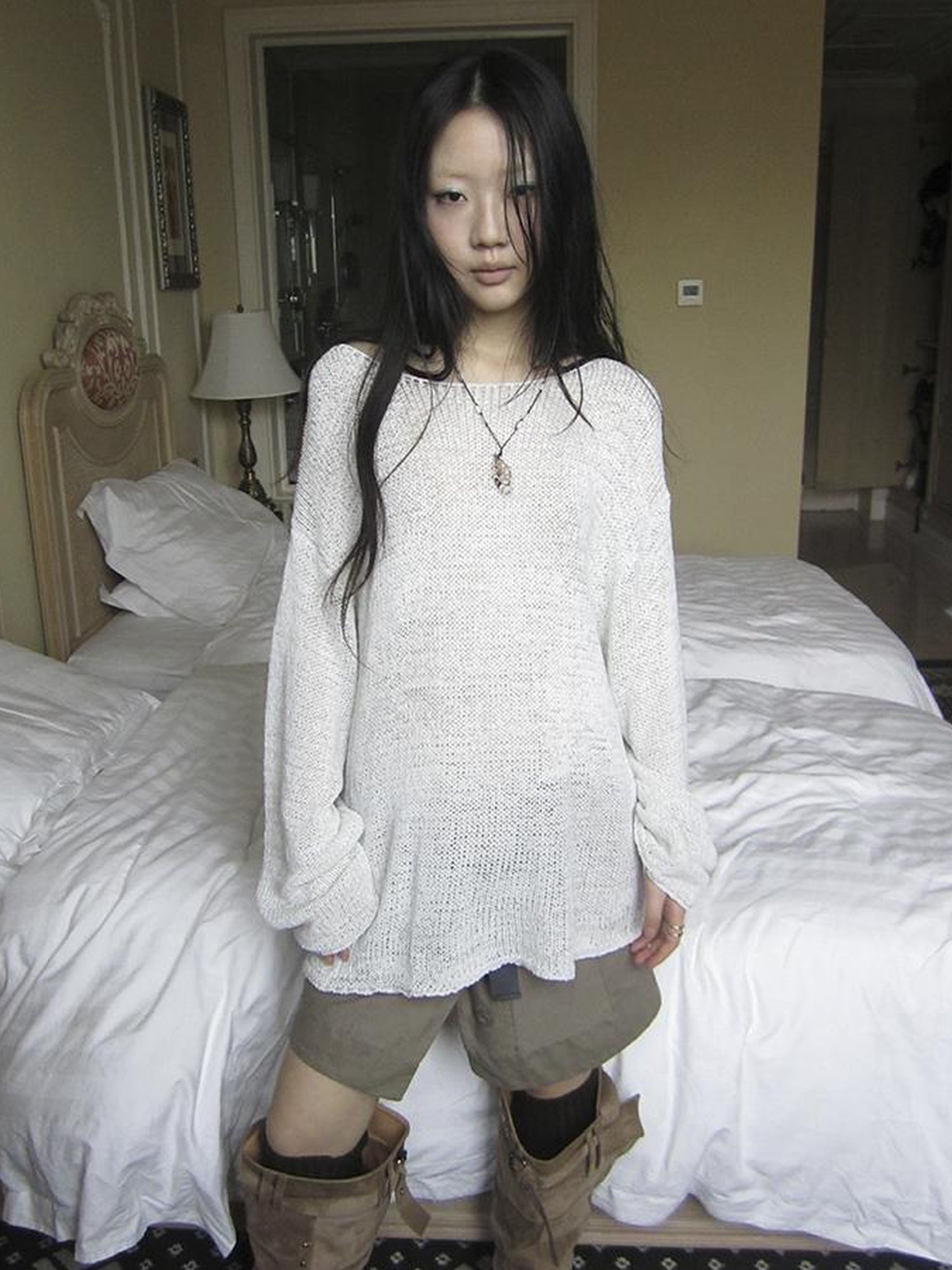 ang project Vintage Relaxed Fit Knit Long Sleeve V Neck T Shirt