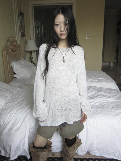 ang project Vintage Relaxed Fit Knit Long Sleeve V Neck T Shirt