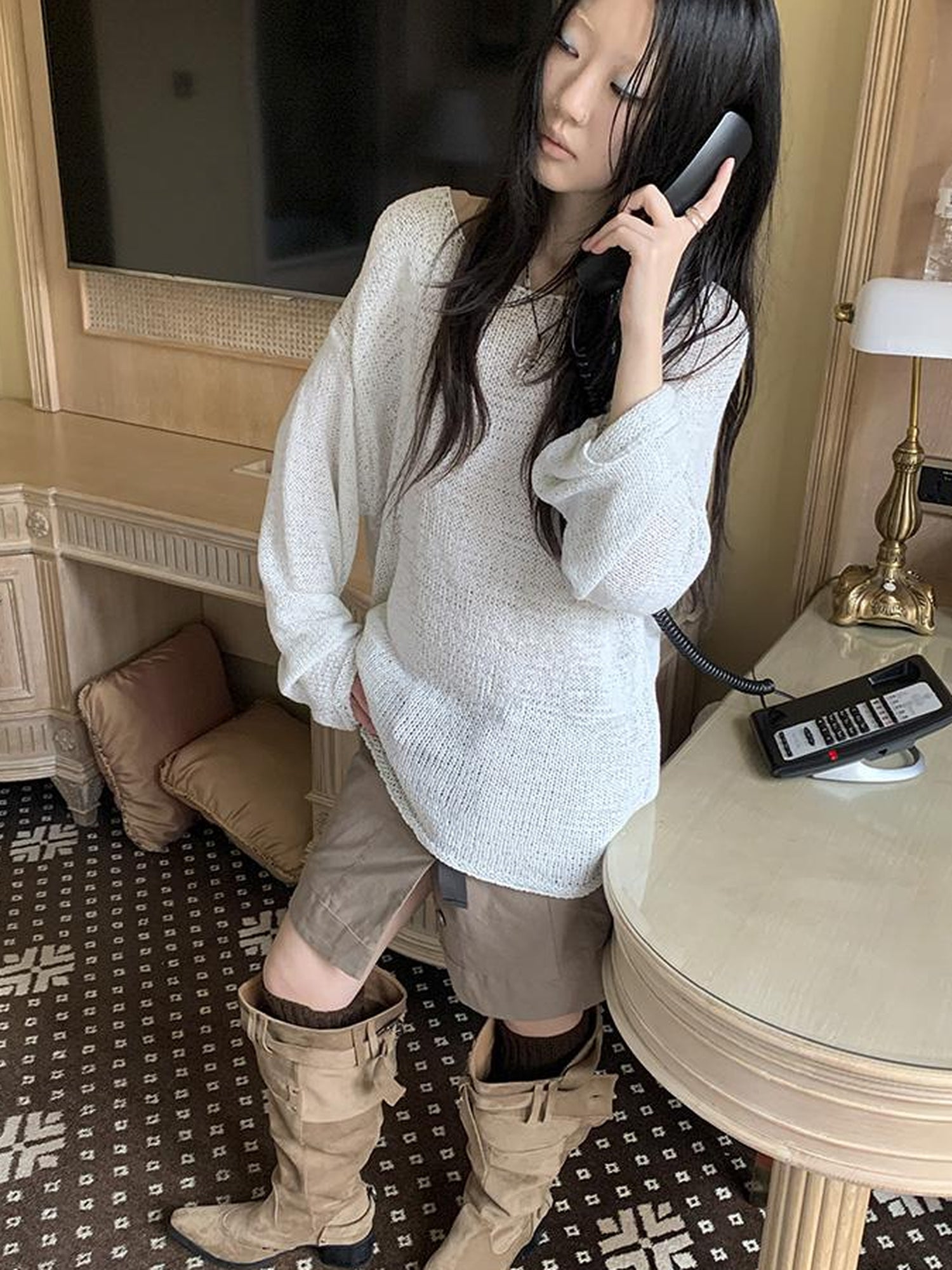 ang project Vintage Relaxed Fit Knit Long Sleeve V Neck T Shirt