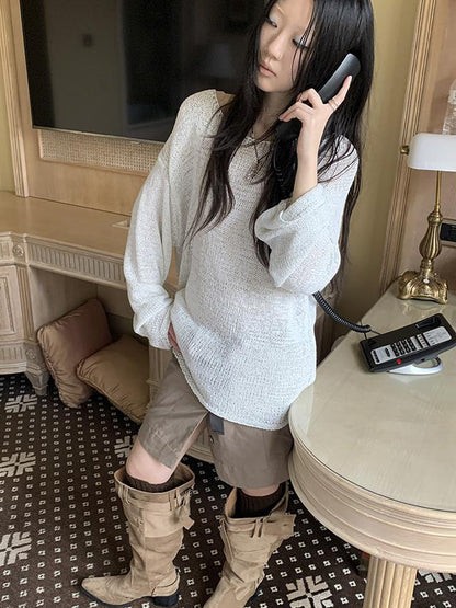 ang project Vintage Relaxed Fit Knit Long Sleeve V Neck T Shirt