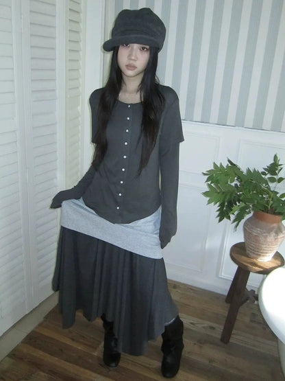 ang project Vintage Retro Two Tone Long Sleeve Knit Top T-shirt