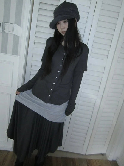 ang project Vintage Retro Two Tone Long Sleeve Knit Top T-shirt