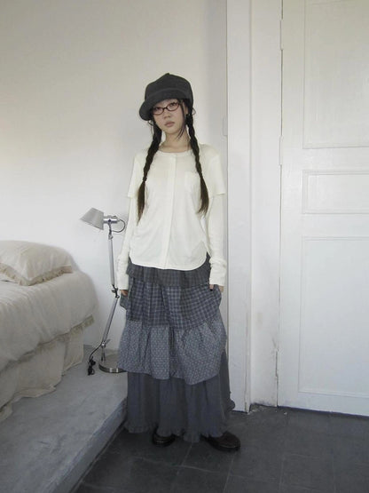 ang project Vintage Retro Two Tone Long Sleeve Knit Top T-shirt