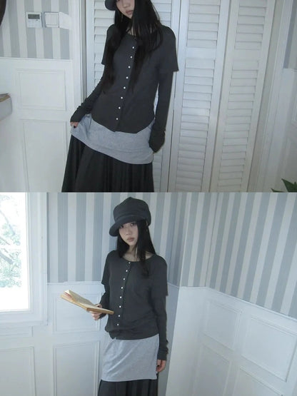 ang project Vintage Retro Two Tone Long Sleeve Knit Top T-shirt