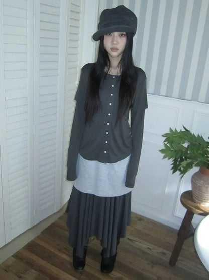 ang project Vintage Retro Two Tone Long Sleeve Knit Top T-shirt