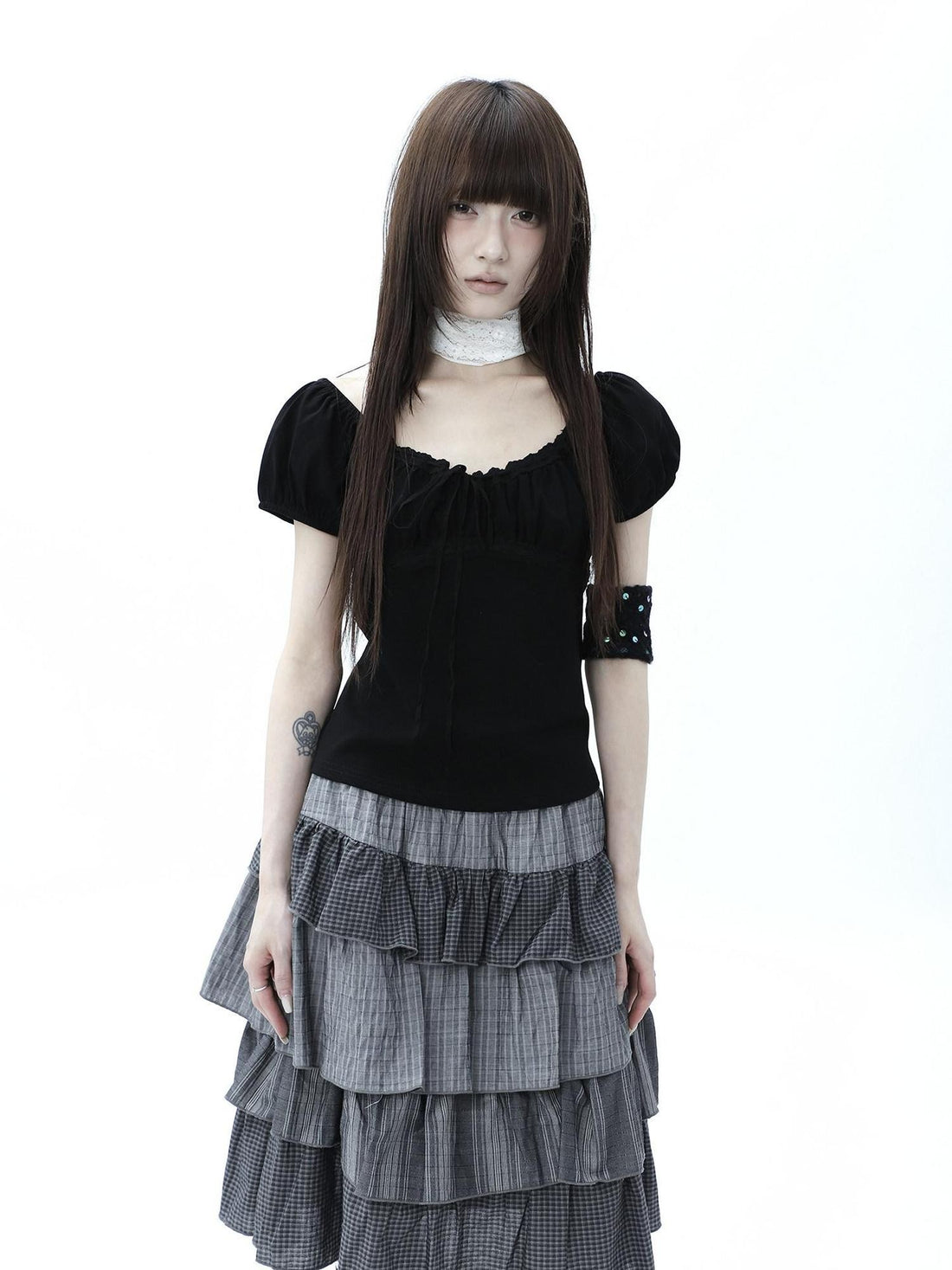 ang project Vintage Ruched Drawstring Tie Panelled Puff Women&