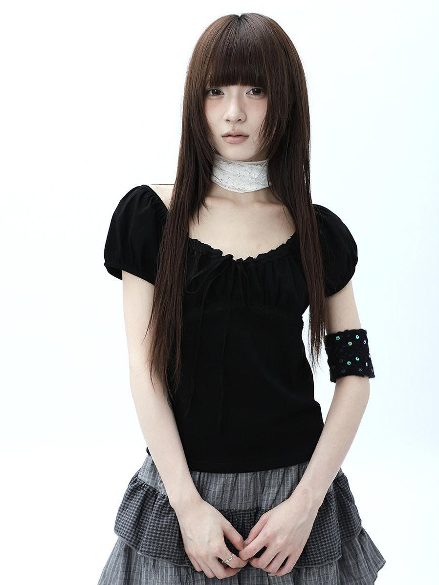 ang project Vintage Ruched Drawstring Tie Panelled Puff Women&