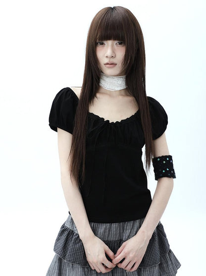 ang project Vintage Ruched Drawstring Tie Panelled Puff Women&