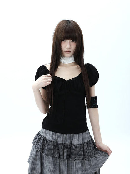 ang project Vintage Ruched Drawstring Tie Panelled Puff Women&