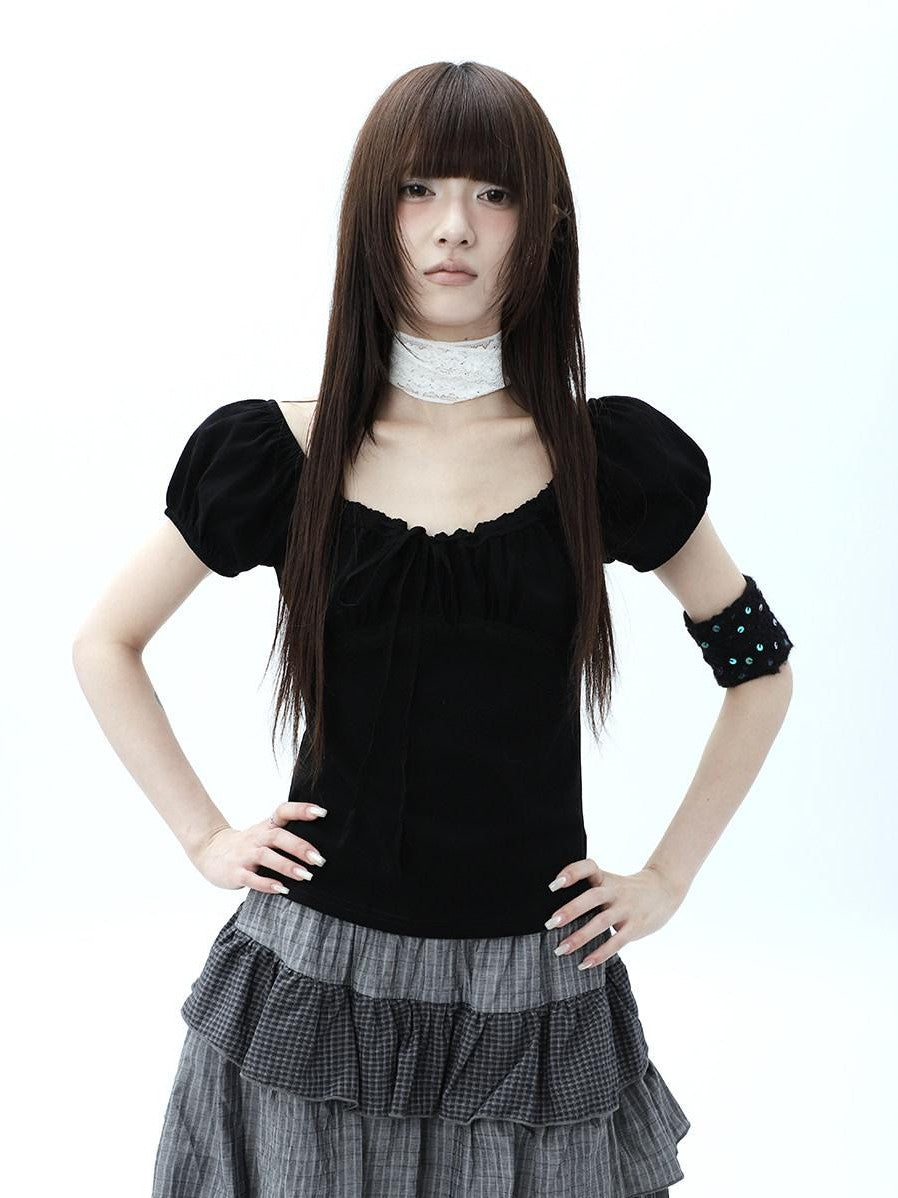 ang project Vintage Ruched Drawstring Tie Panelled Puff Women&