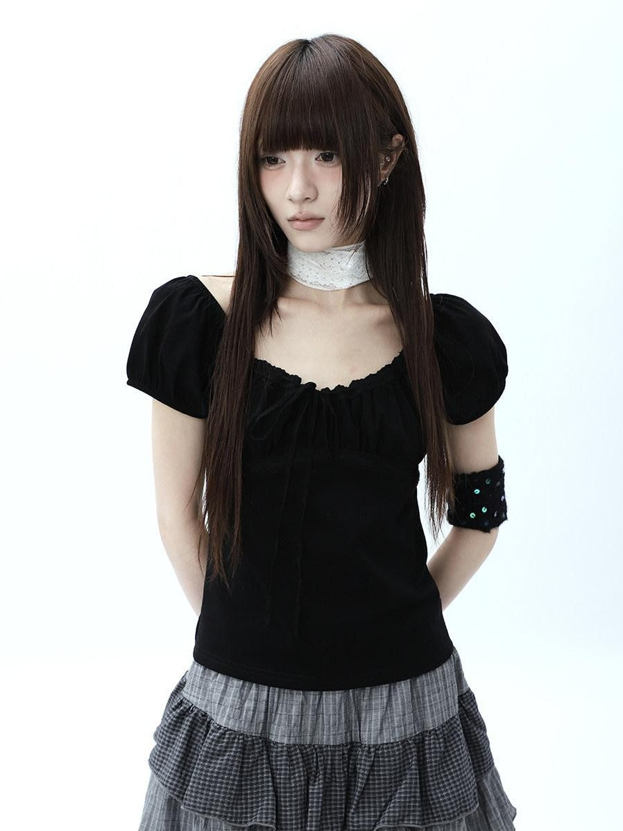 ang project Vintage Ruched Drawstring Tie Panelled Puff Women&