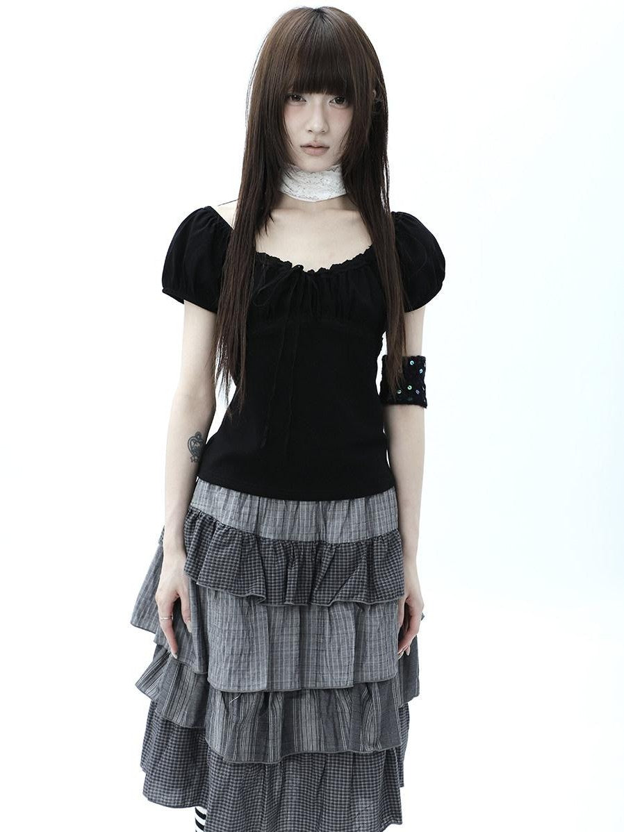 ang project Vintage Ruched Drawstring Tie Panelled Puff Women&