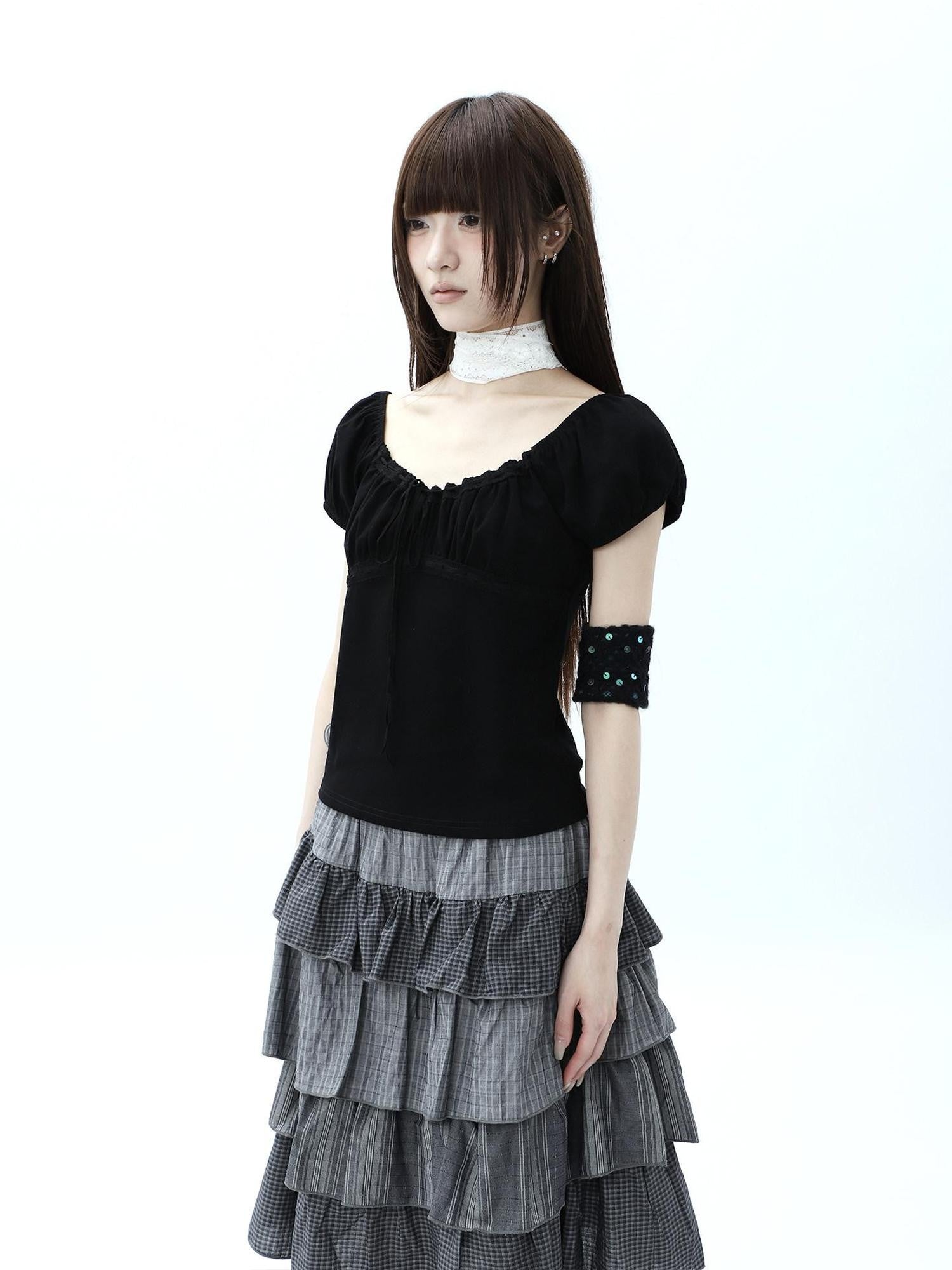 ang project Vintage Ruched Drawstring Tie Panelled Puff Women&