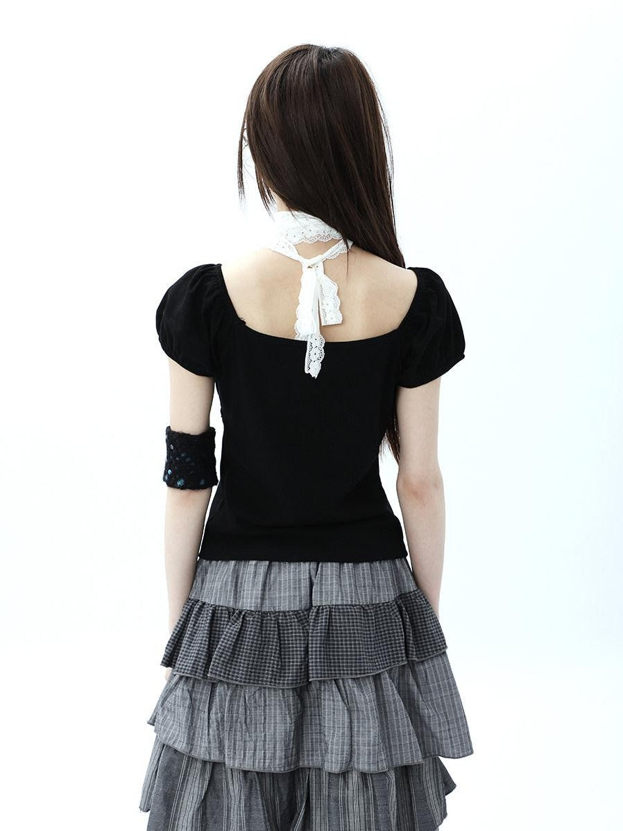 ang project Vintage Ruched Drawstring Tie Panelled Puff Women&