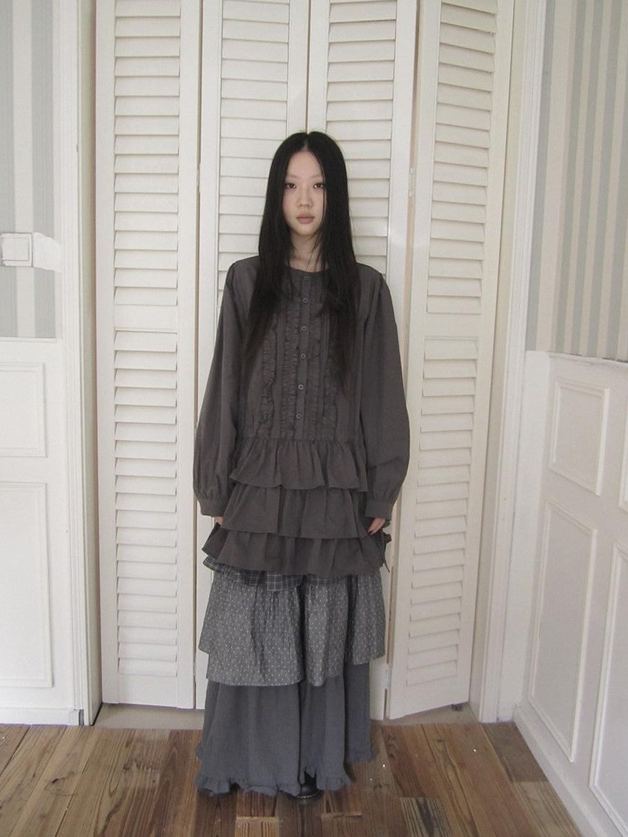 ang project Vintage Ruffle Edge Button Panelled Tiered Hem Women&