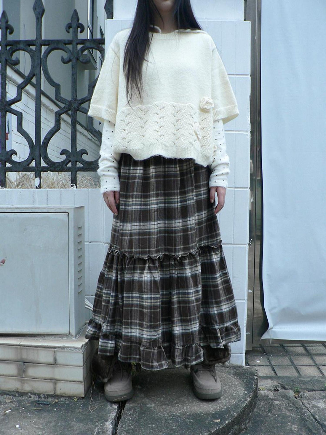 ang project Vintage Ruffle Print A Line Elastic Waist Casual Women Brown Maxi Skirt