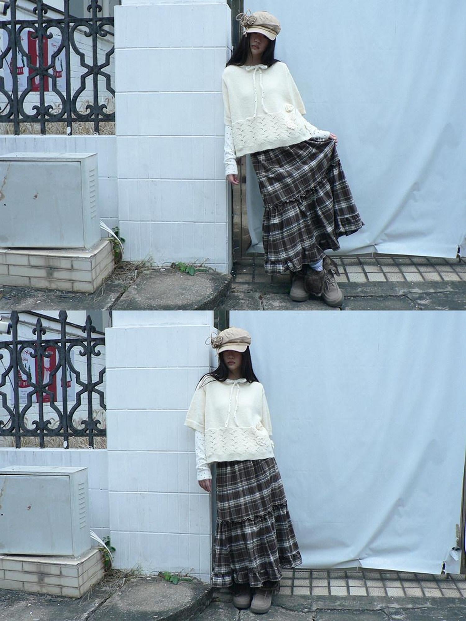 ang project Vintage Ruffle Print A Line Elastic Waist Casual Women Brown Maxi Skirt