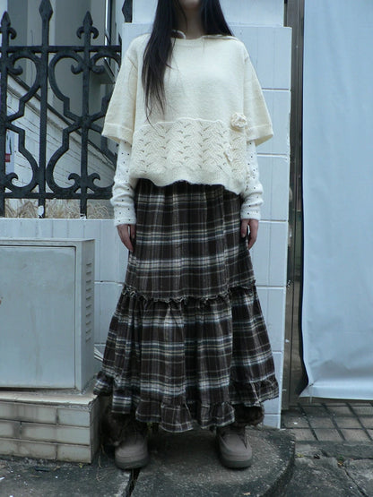 ang project Vintage Ruffle Print A Line Elastic Waist Casual Women Brown Maxi Skirt