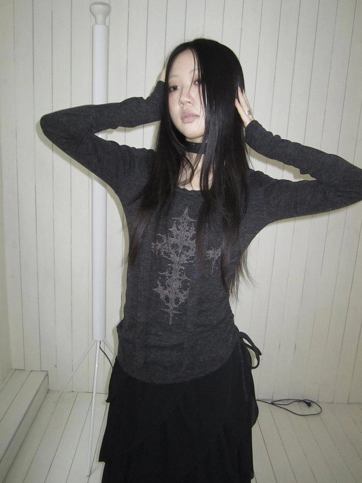 ang project Vintage Ruffle Tie Dye Long Sleeve Tee With Scarf T-shirt