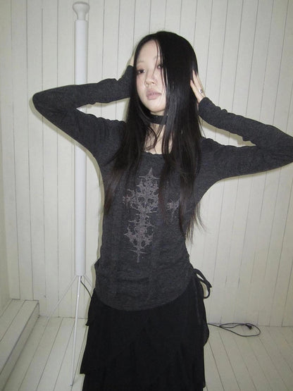 ang project Vintage Ruffle Tie Dye Long Sleeve Tee With Scarf T-shirt