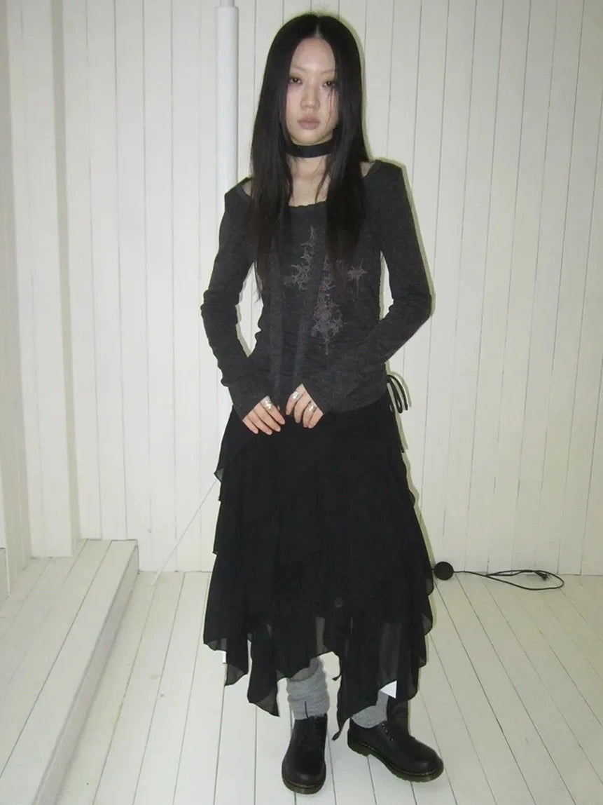 ang project Vintage Ruffle Tie Dye Long Sleeve Tee With Scarf T-shirt