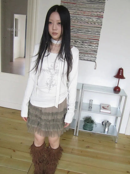 ang project Vintage Ruffle Tie Dye Long Sleeve Tee With Scarf T-shirt