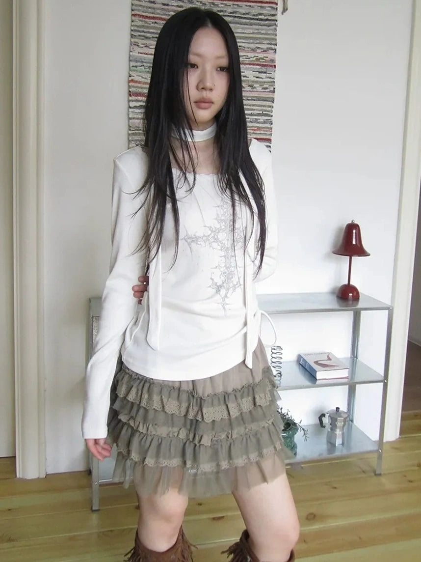 ang project Vintage Ruffle Tie Dye Long Sleeve Tee With Scarf T-shirt