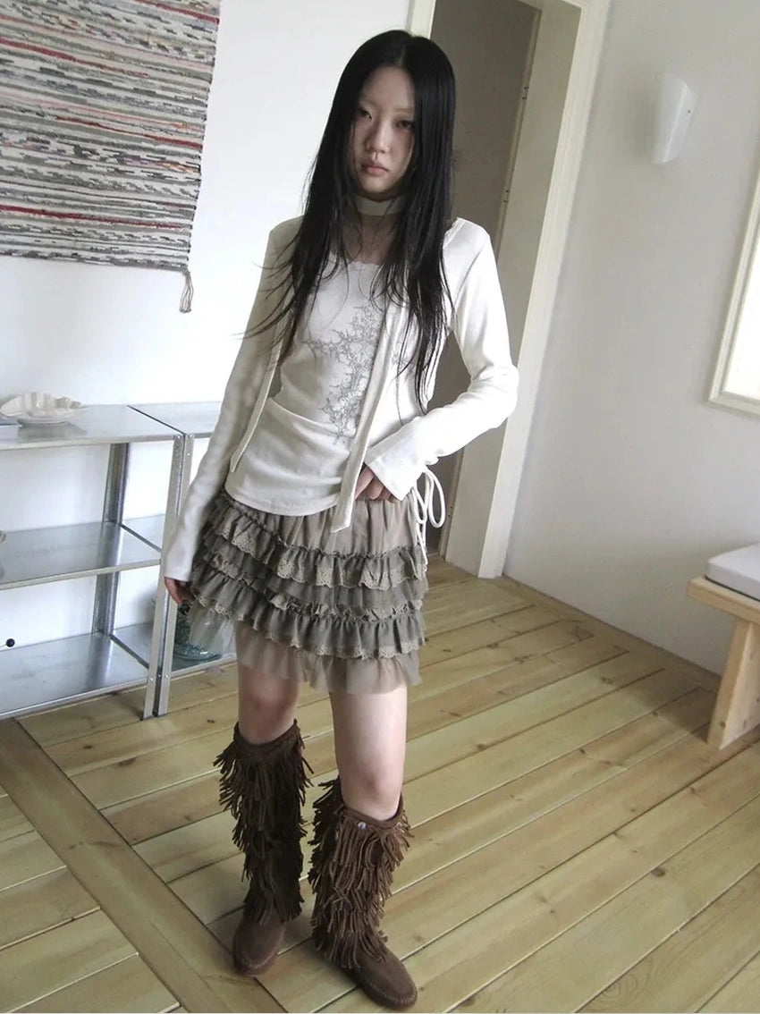 ang project Vintage Ruffle Tie Dye Long Sleeve Tee With Scarf T-shirt