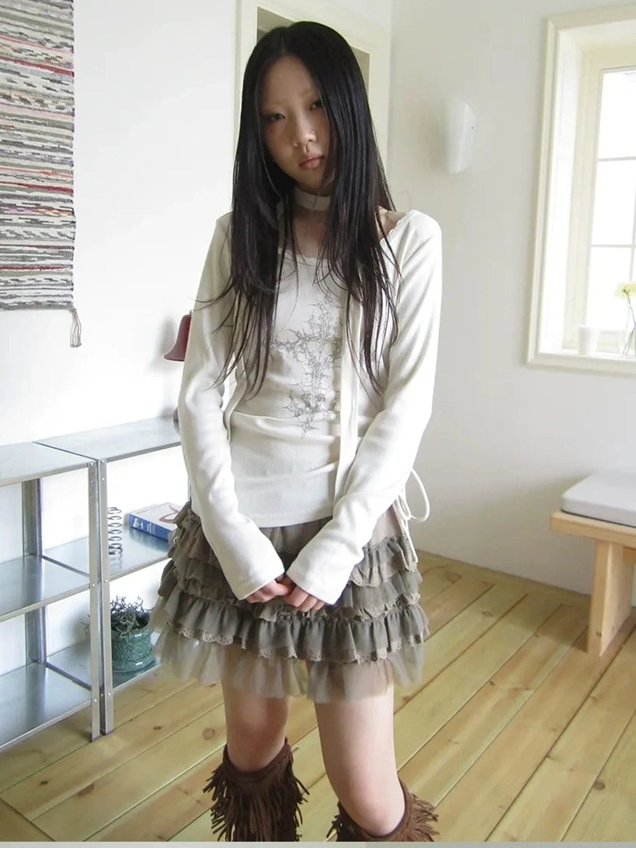 ang project Vintage Ruffle Tie Dye Long Sleeve Tee With Scarf T-shirt