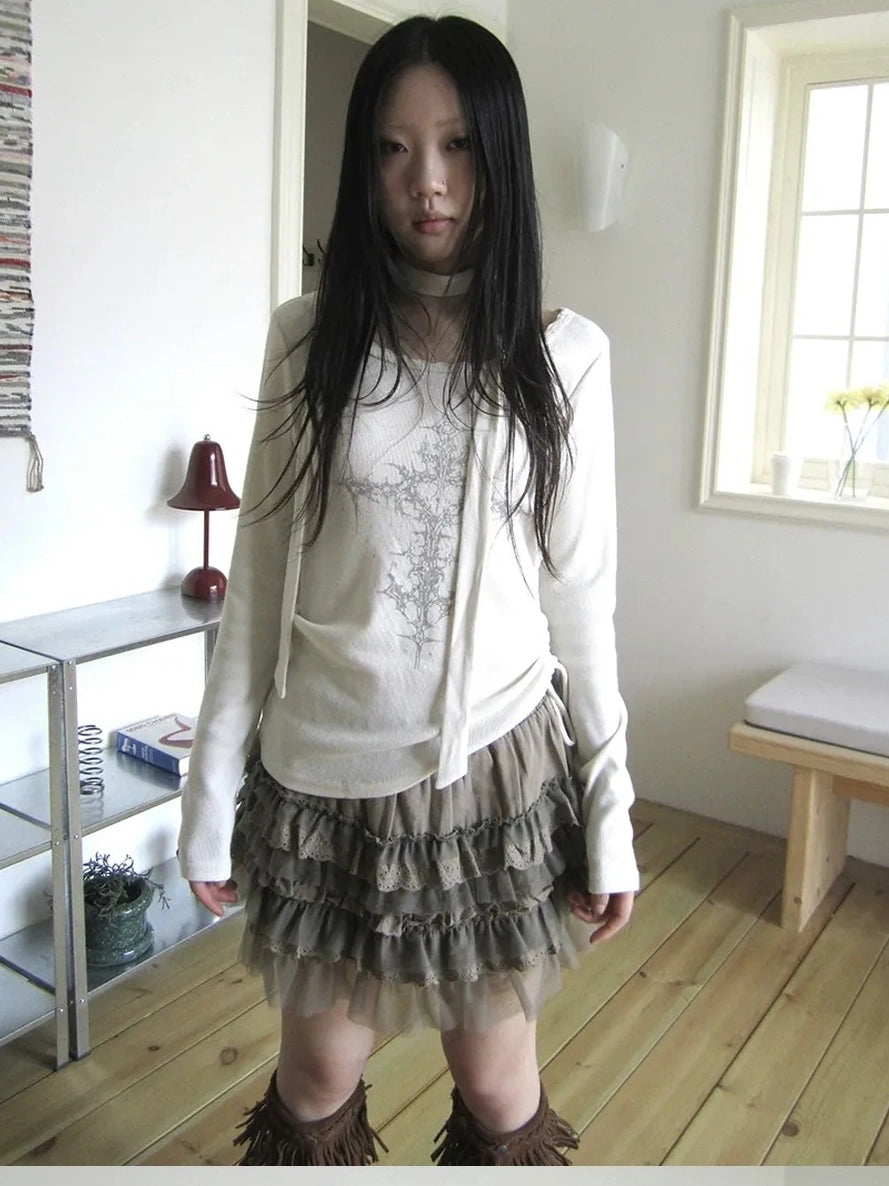 ang project Vintage Ruffle Tie Dye Long Sleeve Tee With Scarf T-shirt