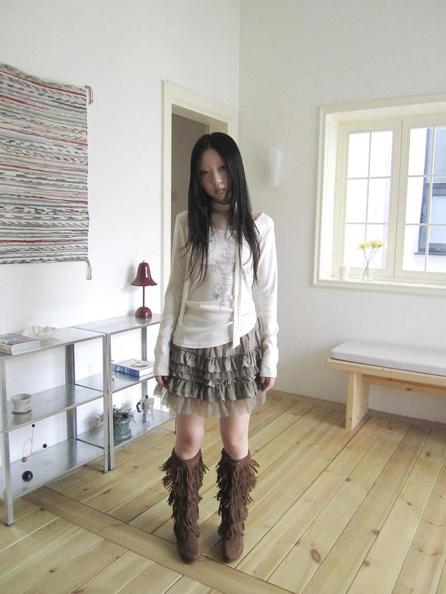 ang project Vintage Ruffle Tie Dye Long Sleeve Tee With Scarf T-shirt