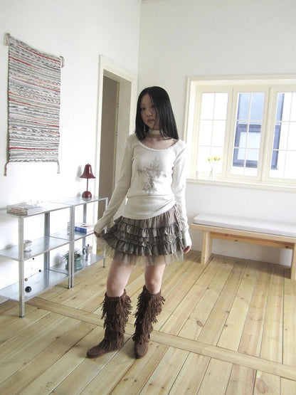 ang project Vintage Ruffle Tie Dye Long Sleeve Tee With Scarf T-shirt